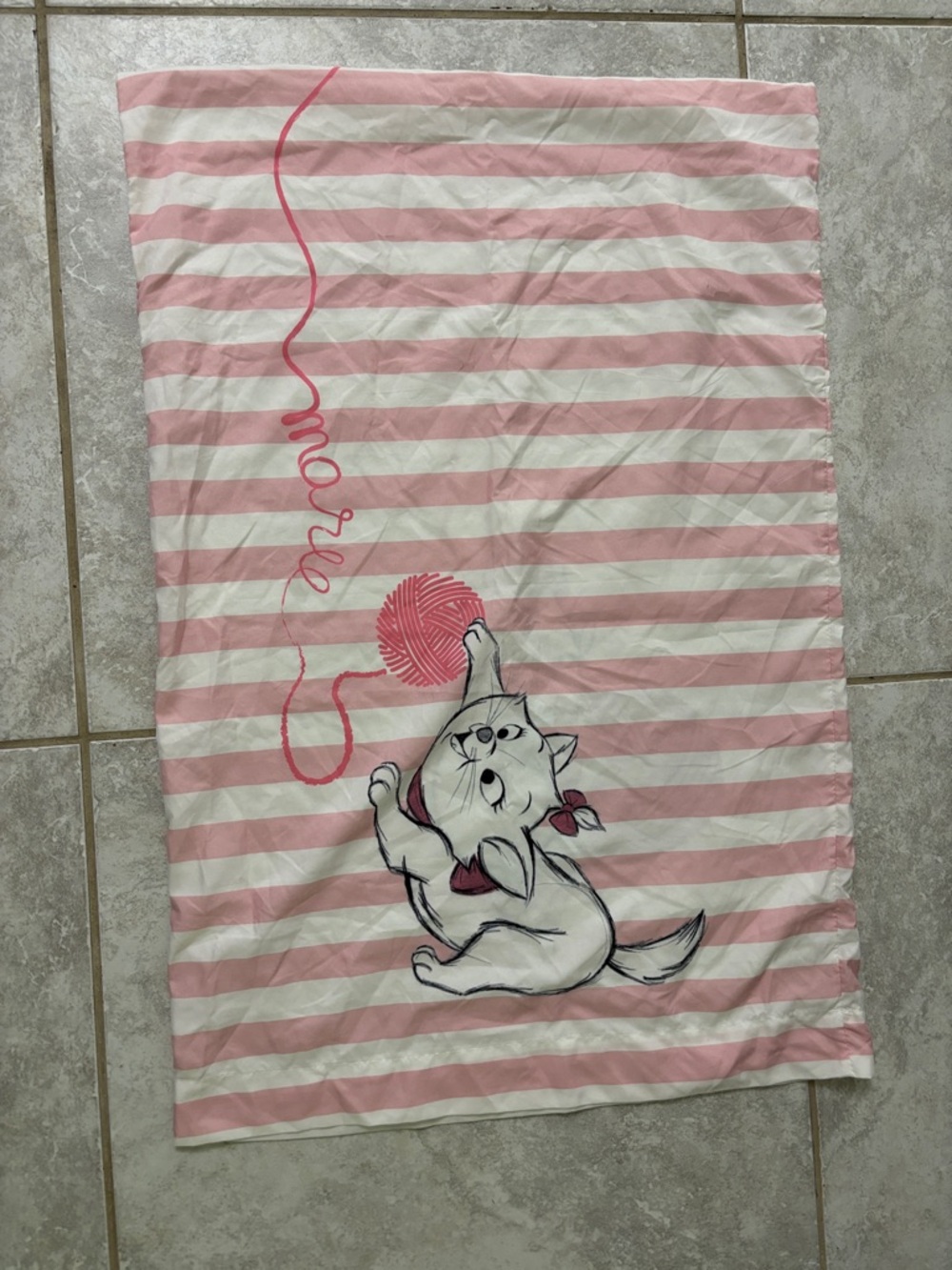 Pink & White Striped Marie the Cat Print pillowcase.